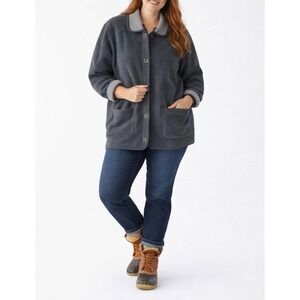 LL Bean Wom. Large Fleece Jacket Button Front Collar Pockets Gray‎ Barn Chore